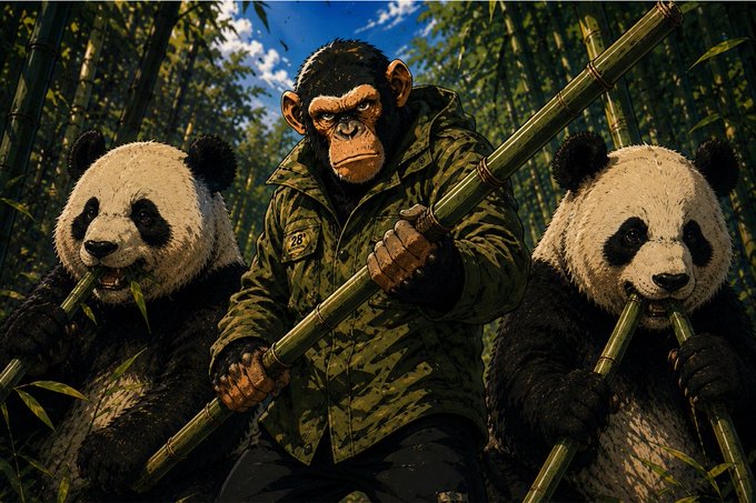 A chimpanzee in military camouflage stands flanked by two giant pandas, all biting bamboo stalks in a lush forest. The image ties to the post's themes of patience and the Chinese panda motif ($熊猫), with the address "13i7SfDDzg3t4MQnfZNtFKptHpv8HR2eaGRMfetSpump" and the "28" visible on the chimp's jacket as key text details.