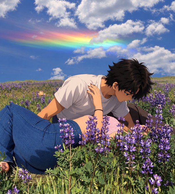 An anime-style illustration of a young man with black hair in a white shirt embracing a girl with pink hair in a field of purple flowers, with a rainbow arcing across a partly cloudy sky.