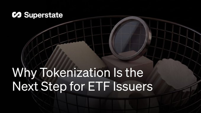 A dark promotional banner featuring the Superstate logo alongside the headline "Why Tokenization Is the Next Step for ETF Issuers," overlaid on a wire basket containing geometric shapes and a round mirror. The design visually reinforces the post's message about bridging traditional ETFs with the onchain/crypto investor base through tokenization.