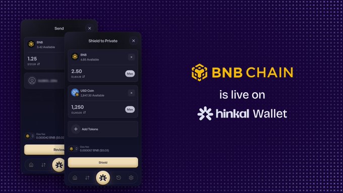 The image features a promotional graphic with two mobile wallet screens displaying "Shield to Private" functionality showing balances of 2.50 BNB and 1,250 USD Coin, alongside text reading "BNB CHAIN is live on hinkal Wallet," visually showcasing the new private crypto wallet features mentioned in the announcement.