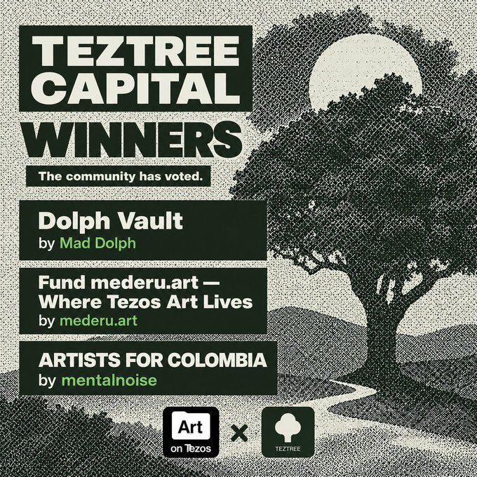 A graphic announcement for 'TEZTREE CAPITAL WINNERS' lists three community-voted winners: 'Dolph Vault by Mad Dolph', 'Fund mederu.art — Where Tezos Art Lives by mederu.art', and 'ARTISTS FOR COLOMBIA by mentalnoise', featuring Art on Tezos and Teztree logos.