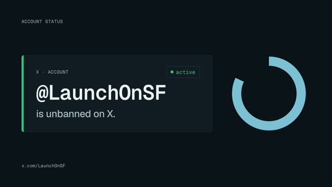 An account status graphic showing the X account @LaunchOnSF with a green 'active' badge and the message 'is unbanned on X.', alongside a blue loading ring icon.