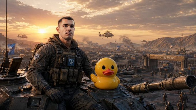 A man in tactical gear and a yellow rubber duck sit on a tank, overlooking a scene with military vehicles and a banner that reads "Return to Memes," alluding to the meme coin mission.
