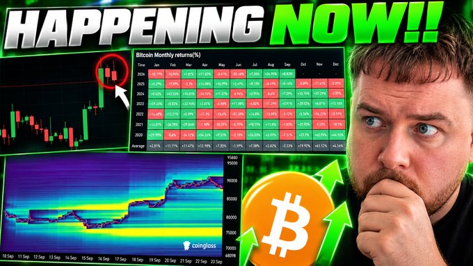 A YouTube thumbnail featuring a concerned man alongside Bitcoin monthly returns data and a candlestick chart highlighting a red downward trend, with bold text reading "HAPPENING NOW!!" to emphasize the alarming market movement suggested by the title.