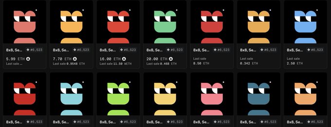 A grid of NFT trading cards from the "Opepen Set 001" collection by @jackbutcher, displayed in two rows with various character illustrations. The cards show listings ranging from 6.59 ETH to 20.00 ETH, with "Last sale" prices between 0.342 ETH and 2.50 ETH, and each token has 523 editions, illustrating the post's point about the collection's thin floor near 6 ETH.