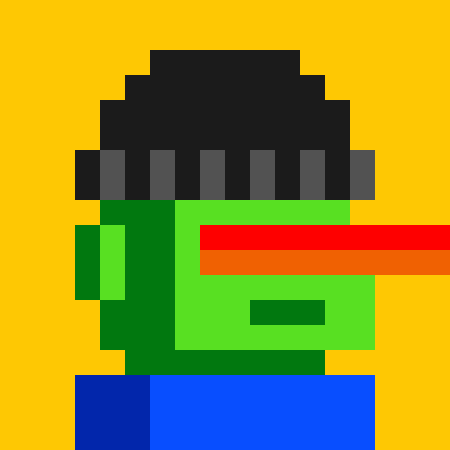 Pixel art of a green-skinned character with a black beanie and a red-and-orange laser beam shooting from its eye against a yellow background.