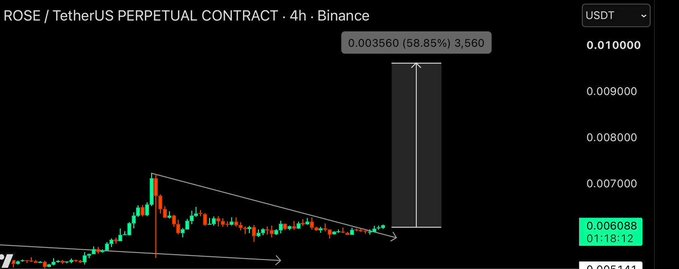 A Binance perpetual contract chart for 'ROSE / TetherUS' (USDT) on the 4-hour timeframe displays a symmetric triangle breakout pattern, with a projected target annotation of '0.003560 (58.85%) 3,560'.