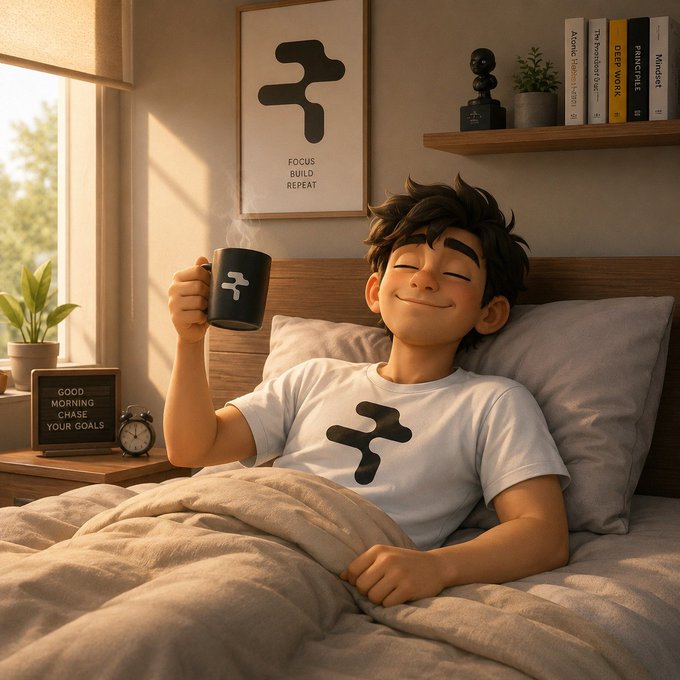 A 3D animated scene of a smiling young man waking up in bed holding a steaming black mug with a white logo, wearing a matching t-shirt, with a poster on the wall reading 'FOCUS BUILD REPEAT' and a small board displaying 'GOOD MORNING CHASE YOUR GOALS'.