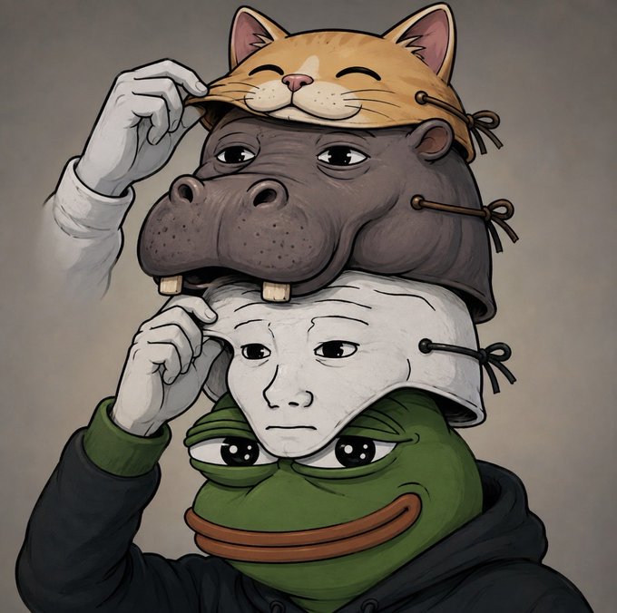 An anime-style illustration of a stack of three character heads—a green Pepe-like figure at the bottom, a pale mask-like face in the middle, and a hippo at the top—wearing a cat-eared cap, all looking pensive.