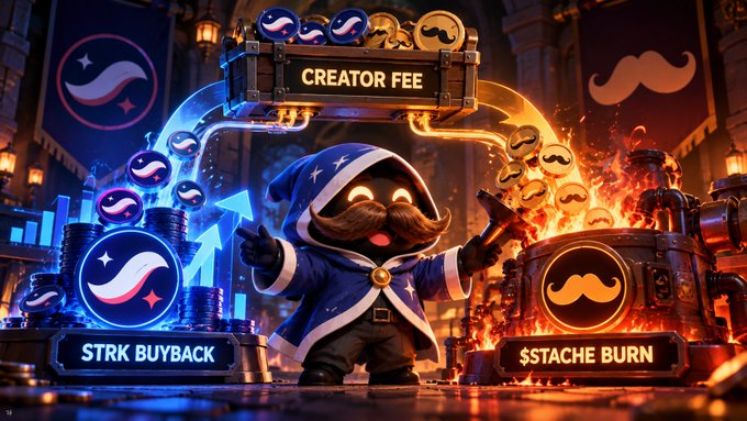 A fantasy character with a mustache in a wizard outfit standing between a blue 'STRK Buyback' section with moons and an orange 'STACHE Burn' section with mustaches, featuring a 'Creator Fee' chest.