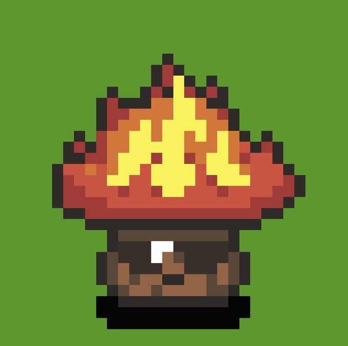 A pixel art illustration of a red and yellow mushroom on a wooden log against a green background, representing a "Retail Shrooms" NFT asset shared in a crypto social media post.