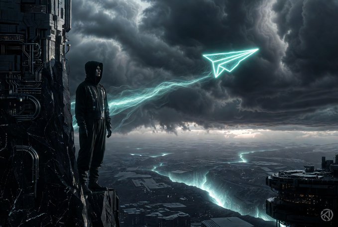 A hooded figure standing on a cliff edge in a dark, stormy cityscape with a glowing cyan paper airplane trailing energy across the cloudy sky.
