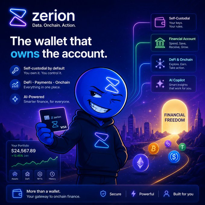 A neon promotional graphic for Zerion—“The wallet that owns the account”—shows its self-custodial financial account with DeFi, onchain payments, NFTs, portfolio tracking, and an AI Copilot. The portfolio displays $24,567.89 and +12.45% over 24h, reinforcing the post’s takeaway that wallets are becoming full front doors to onchain finance.