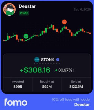 Fomo app trade recap for user 'Deestar' showing a profit of +$308.16 (+30.97%) on token $TONK, invested $995, bought at $92M, sold at $120.5M.