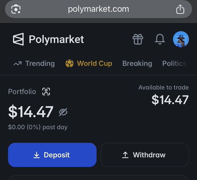 A screenshot of a Polymarket mobile interface shows a portfolio balance of $14.47 available to trade, with no change over the past day. The modest portfolio value visually reinforces the caption's playful tone about getting back in the game on Polymarket after a previous loss.