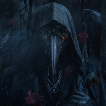 A dark, atmospheric digital artwork featuring a hooded character wearing a plague doctor mask, with crows and red leaves in a gloomy forest setting.