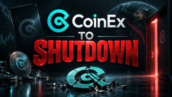 A graphic announcing 'CoinEx TO SHUTDOWN' in red text, with a broken CoinEx logo and coins on the floor.