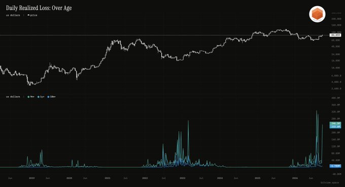 A financial chart titled 'Daily Realized Loss: Over Age' displays a line graph tracking values from 2019 to 2026, with current figures showing approximately 161,484 in millions and 184.75 in non-cash items.