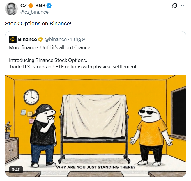 A tweet from CZ (@cz_binance) announcing 'Stock Options on Binance!' alongside a Binance post introducing U.S. stock and ETF options trading with physical settlement, featuring a cartoon meme.