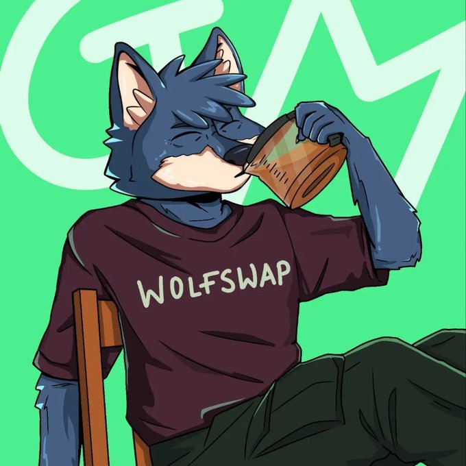 An anthropomorphic wolf character relaxes while drinking from a cup, wearing a maroon t-shirt that reads "WOLFSWAP," set against a bright green background with stylized "GM" lettering. The image playfully captures the weekend "Good morning" energy and community spirit of the $Pack on Wolfswap, with the character embodying the laid-back, welcoming vibe of the Cronos-based community.