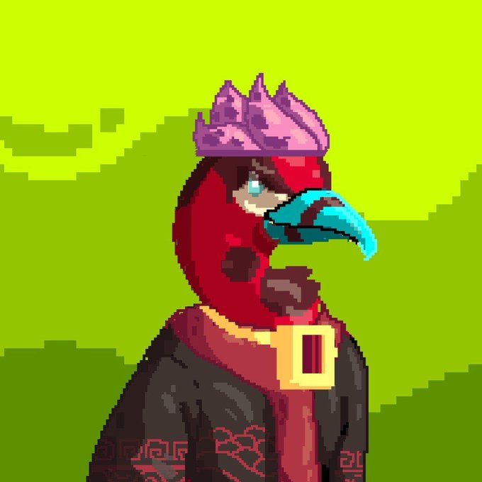 A pixel art character with a red bird-like face, pink mohawk, cyan beak, and dark robe stands against a green background, fitting the "join us in the hood" mint announcement for Ravox on OpenSea.