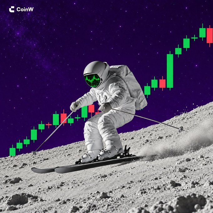 An astronaut skis down a lunar slope as a green candlestick chart ascends across a starry purple sky, with "CoinW" branding in the top left corner—visually reinforcing the post's "Green slopes only." message by merging bullish market momentum with literal downhill skiing.