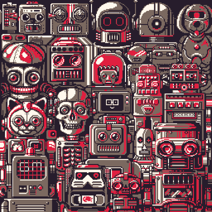 A dense pixel art collage of various retro-style robots, machines, and cyborg figures in a limited red, black, white, and gray color palette.