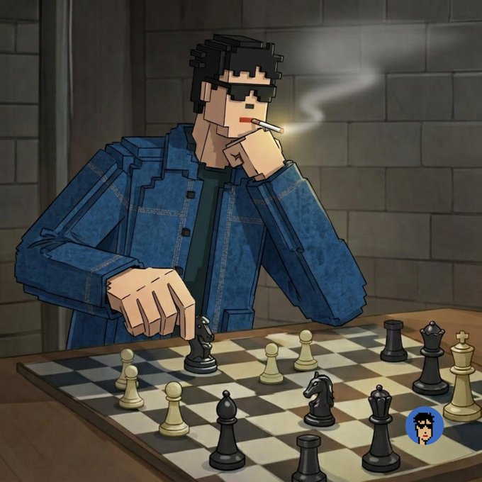 A pixel-art style illustration of a man with black hair and sunglasses wearing a blue denim jacket, smoking a cigarette while playing chess.