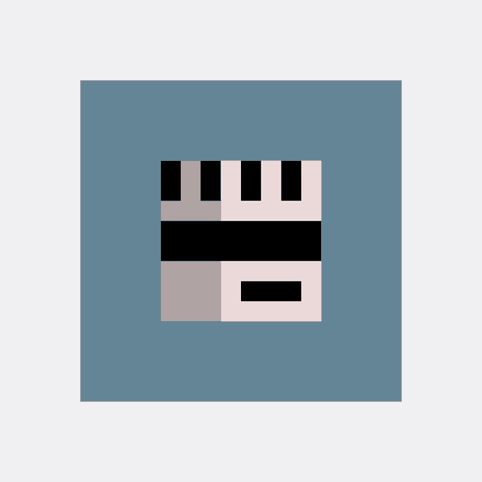 A pixel art image on a teal background showing a gray and beige object resembling a cassette tape or calculator with black rectangular details.