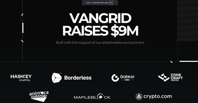 An announcement graphic reads 'VANGRID RAISES $9M' built with the support of stakeholders and partners, listing logos including HashKey Capital, Borderless, Gate.io, Code Craft Capital, Animoca Brands, MapleBlock, and Crypto.com.