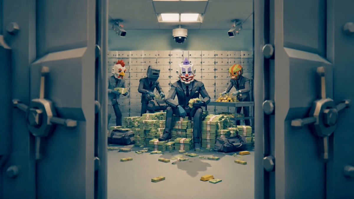 The image features a group of people wearing clown masks, sitting around a table with stacks of money. The scene appears to be set in an office or bank vault, as indicated by the presence of multiple safes and the overall atmosphere. The caption reads "Heists are coming to Solana. (very soon) @Heistedxyz". This suggests that there is a planned heist taking place, possibly involving the group of clown characters who have gathered around the money-filled table in an office or bank vault setting.