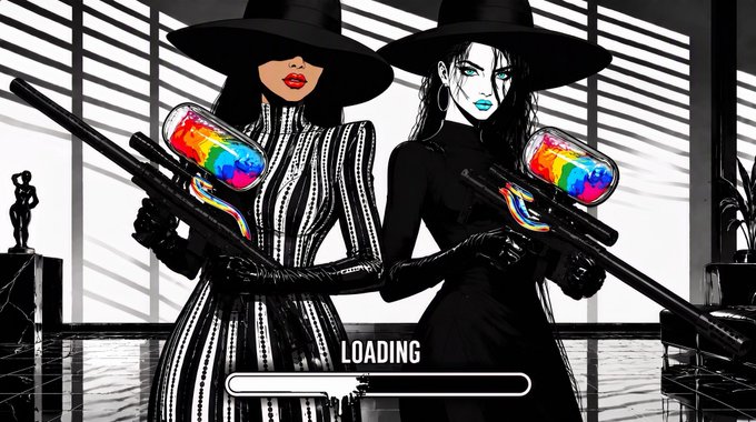 Two stylish women in wide-brimmed hats and sleek black outfits hold colorful rainbow-splattered rifles in a high-contrast, stylized scene featuring a "LOADING" progress bar, visually reinforcing the post's argument that NFTs must deliver engaging, game-like experiences with striking design and unique mechanics rather than just static hype.