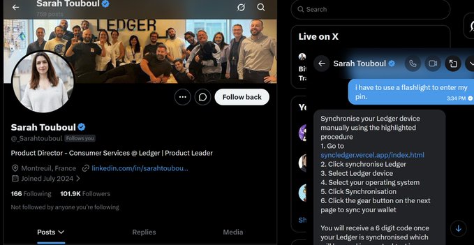 A screenshot of Twitter/X profile of Sarah Touboul (@Sarahhtouboul), Product Director at Ledger, alongside a chat message with instructions to use a flashlight to enter a PIN and a suspicious synchronization link.