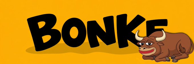 A cartoon brown bull sits beside the bold black "BONKE" logo on a yellow background, referencing the artist's long-time contribution to the $Ponke memecoin project as they announce their departure to build something new.