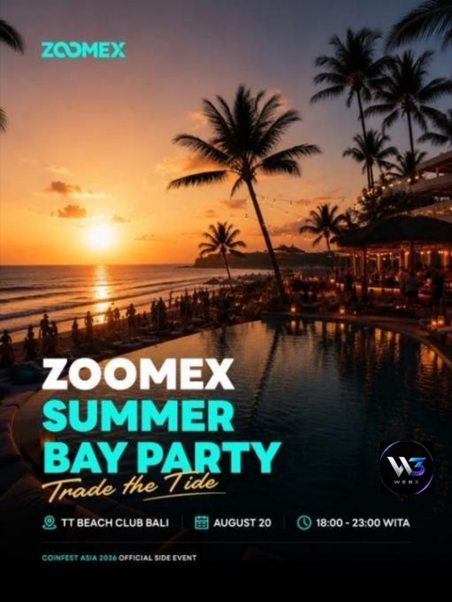 Event poster for the 'Zoomex Summer Bay Party - Trade the Tide' at TT Beach Club Bali on August 20, 18:00-23:00 WITA, advertised as a CoinFest Asia 2026 official side event, featuring a sunset beach scene.