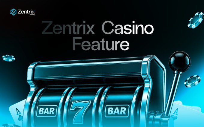 A sleek slot machine graphic featuring "BAR" and "7" symbols alongside floating diamonds displays the text "Zentrix Casino Feature" with the Zentrix Gaming logo, promoting the casino gaming aspect of Zentrix's upcoming testnet launch in 7 days as highlighted in the post.