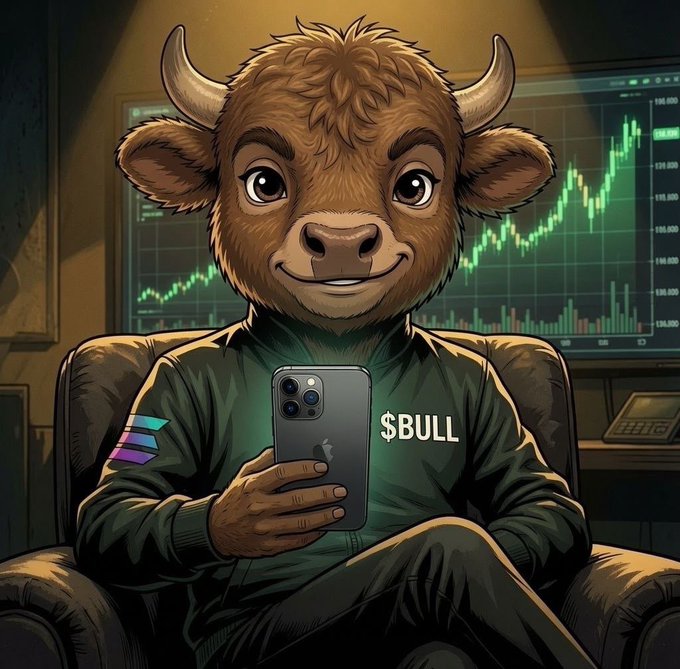 An AI-generated cartoon image of a smiling anthropomorphic bull wearing a green sweater with '$BULL' text, holding a smartphone, with a candlestick trading chart glowing in the background.