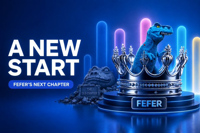A promotional graphic for "FEFER's Next Chapter" featuring the tagline "A NEW START," depicting a blue dinosaur character rising from rubble marked "THE OLD CHAPTER" to stand triumphantly atop an ornate silver crown, symbolizing the token's transition into becoming a foundational cultural project within the Stable ecosystem.