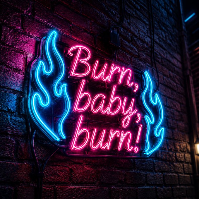 A neon sign mounted on a brick wall glows with pink lettering reading 'Burn, baby, burn!' flanked by blue flame designs.
