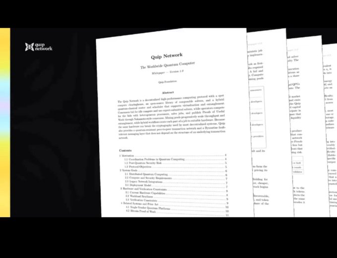 A document titled 'Quip Network: The Worldwide Quantum Computer Whitepaper - Version 1.0' is displayed with a table of contents listing sections like 'Introduction', 'System Goals', and 'Real-World Quantum Computing'.