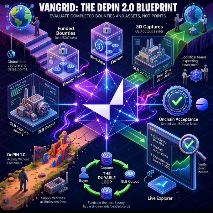 A detailed infographic titled 'VANGRID: THE DEPIN 2.0 BLUEPRINT,' illustrating a decentralized physical infrastructure network process involving bounties, blockchain escrow, 3D captures, GLB outputs, and a 'DURABLE LOOP' cycle between buyers and capture assets.