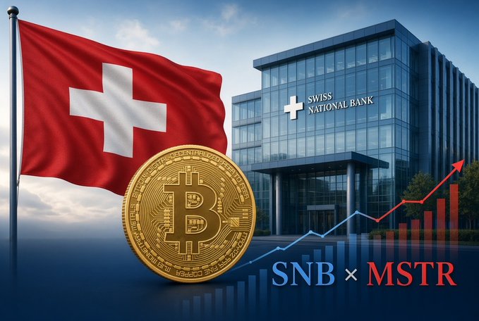 Promotional graphic featuring a Swiss flag, a Bitcoin coin, the Swiss National Bank building, and text 'SNB × MSTR' with an upward trending chart.