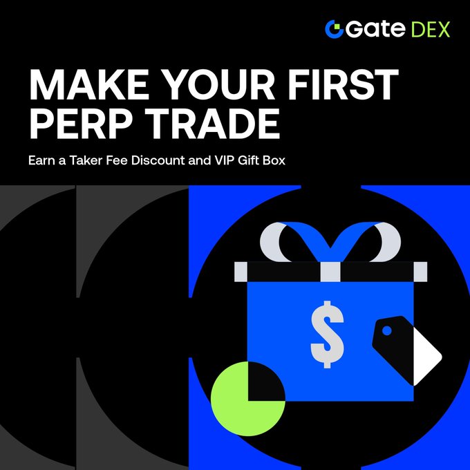 The image features an advertisement for gate dex and their first trade in Perp trading. The central focus of the ad is a blue gift box with a dollar sign symbol, accompanied by an illustration depicting a circular pattern with green circles surrounding it. In the center of this design stands a black circle containing a white dollar sign.

The text above and below the image states that you can make your first trade in Perp trading to earn a taker fee discount and VIP gift box. The post also emphasizes the importance of considering the trade volume to access these discounts, as well as the need for vigilance when joining this exclusive deal.