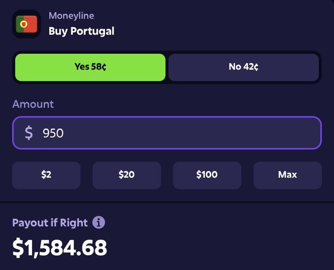 A betting interface for Portugal's moneyline prediction showing a $950 wager with a potential payout of $1,584.68, supporting the post's claim about betting on Portugal to beat Croatia.