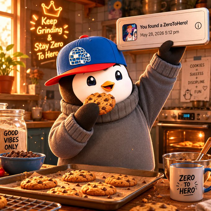 The image features a cartoon penguin wearing a hat, holding up a sign that says "You found a ZeroToHero! Keep grinding & stay zero!". The penguin is standing next to a tray of cookies, which are placed on a table in front of them. There are also other objects present in the scene, such as a potted plant and a cup.

The post seems to be promoting an online game called "Rugpull Bakery", where players can win NFTs or tokens by grinding for virtual items like cookies. The penguin character is encouraging people to join the game by sharing their achievements on social media, which could potentially lead to more players joining and enjoying the game together.