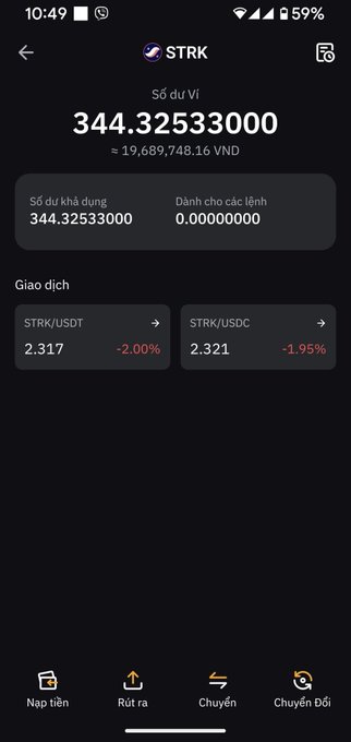 The image shows a cryptocurrency wallet app displaying a balance of 344.32533000 STRK tokens (valued at approximately 19,689,748.16 VND), with current trading prices of STRK/USDT at 2.317 and STRK/USDC at 2.321. This screenshot illustrates the post's point about a long-term STRK investment that has declined significantly from the original ~20 million VND investment, serving as a cautionary example about investment stubbornness versus faith.