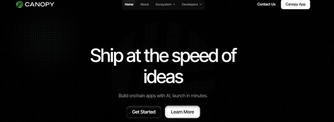 The image features a website called "Canopy" that focuses on developing ideas using AI technology, specifically for launching new apps. The website has a black background with white text, which highlights its main purpose of creating innovative solutions through AI applications.
