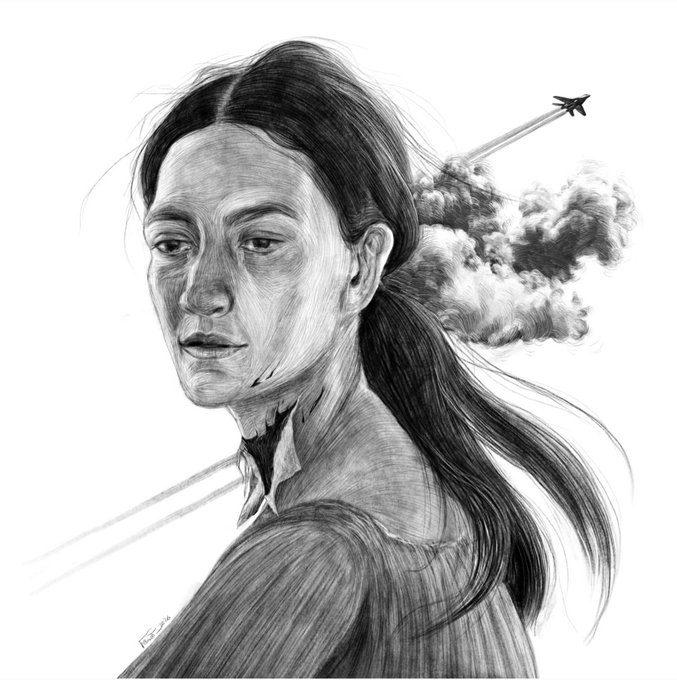 A graphite-style portrait of a woman with long dark hair, where the hair transitions into a plume of smoke from a missile streaking across the sky—evoking themes of memory and destruction that align with the piece's title "The Sky Remembers." The illustration accompanies an NFT listing priced at 3.50 XTZ, edition 2 of 10.