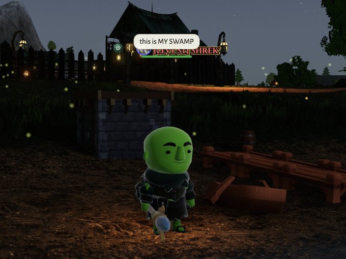 A green-skinned character in a video game setting stands in a swamp with a speech bubble reading 'this is MY SWAMP', with a player name 'DELVVISSHREK' visible above.