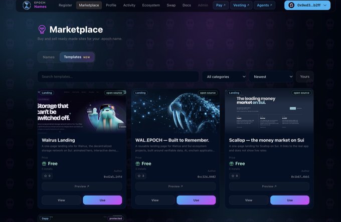 A screenshot of the 'EPOCH Names' marketplace website, displaying various free landing page templates from projects like 'Walrus Landing', 'WAL_EPOCH', and 'Scallop'.